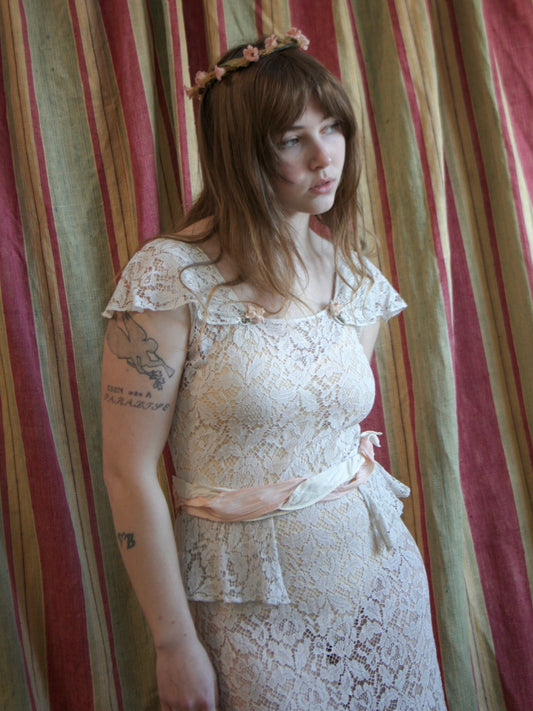 1930s Ivory Lace Ribbonwork Rosette Peplum Bias Cut Gown