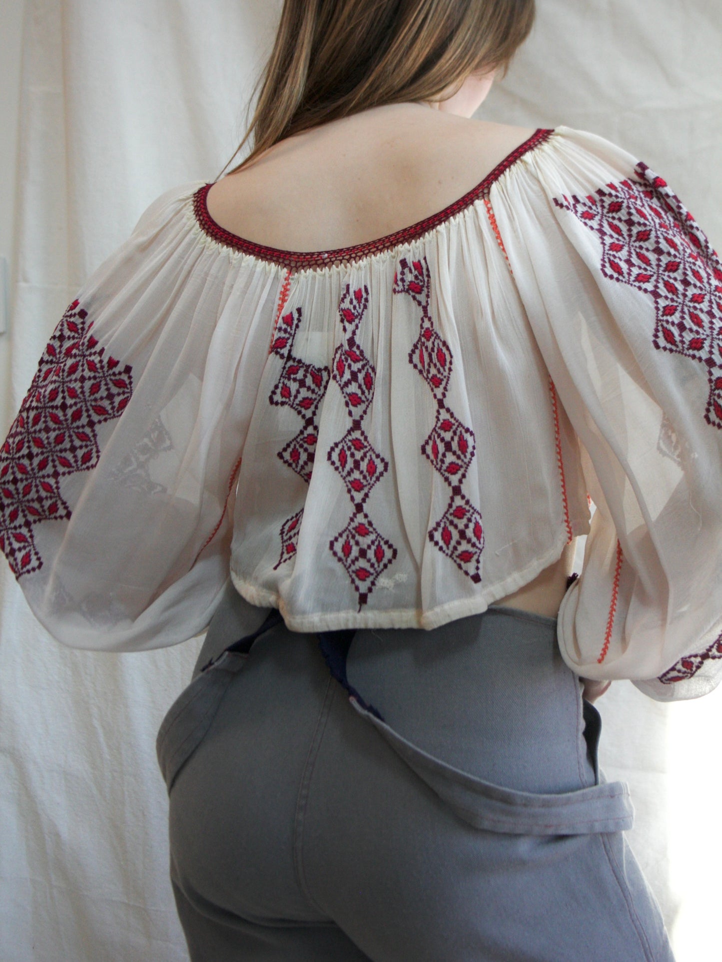 Antique Fine Poet Sleeve Romanian Embroidered Cropped Blouse