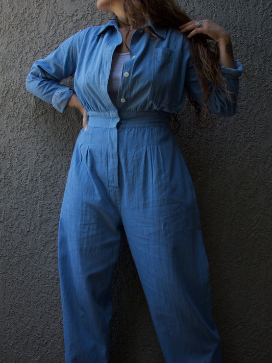 Women's WW2 Era Chambray Denim Side Cinch American Red Cross Coveralls