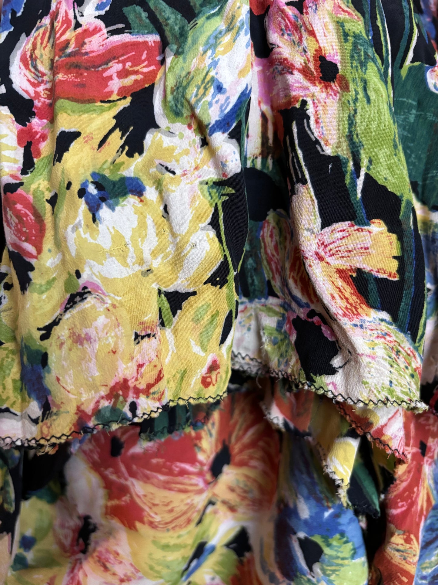 1930s Zip Front Puff Bell Sleeve Floral Silk Crepe Dress