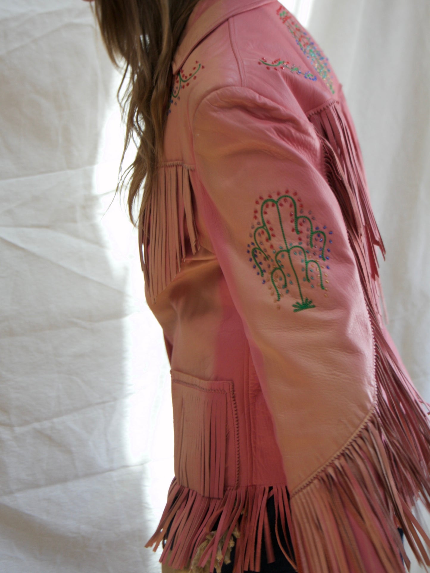 Special 1950s Sun Faded PINK Leather Fringe Western Beaded Jacket