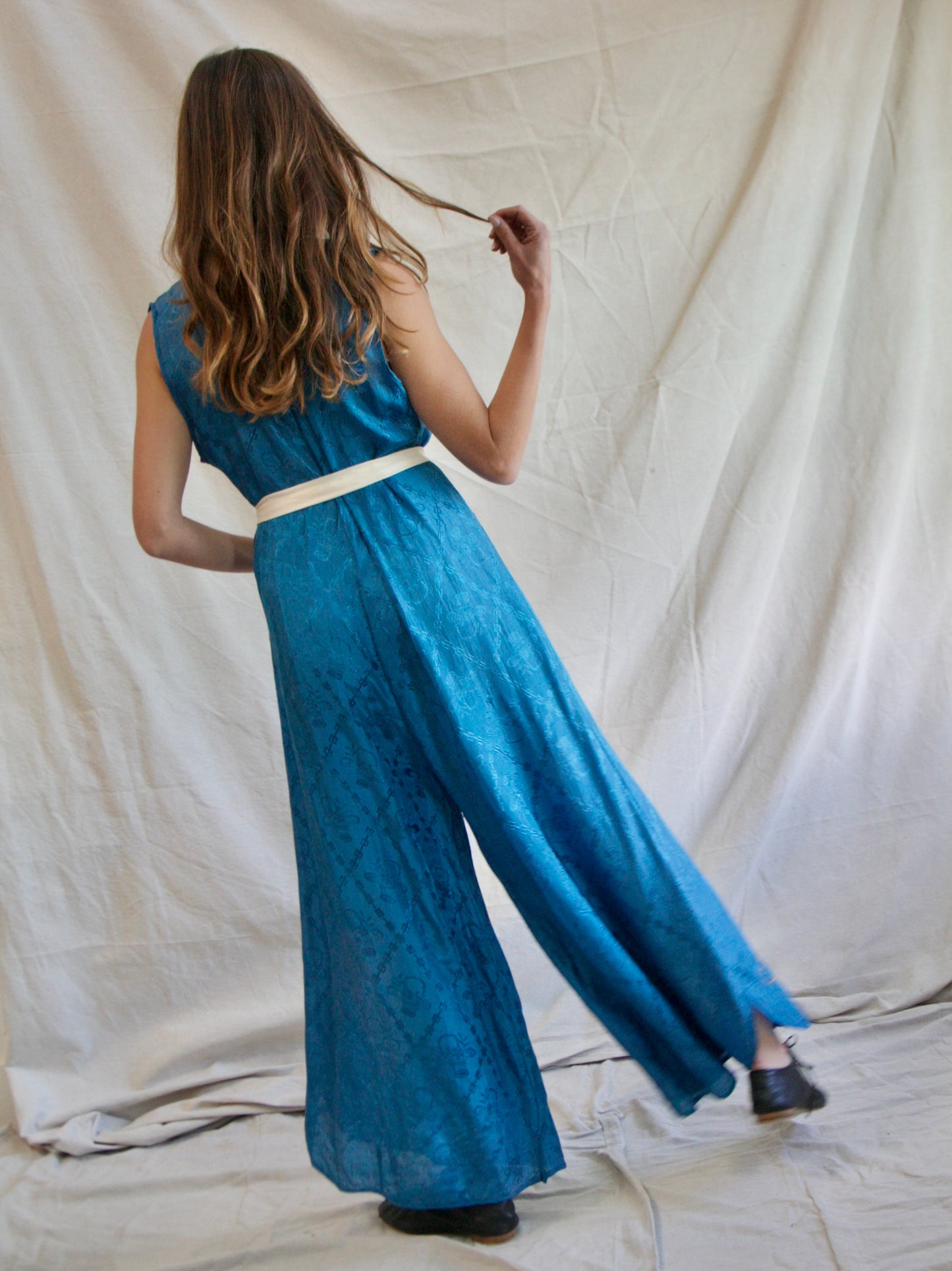 1930s 2 PC Rayon Jacquard Palazzo Pant Jumpsuit with Bullion Couching/ Stumpwork