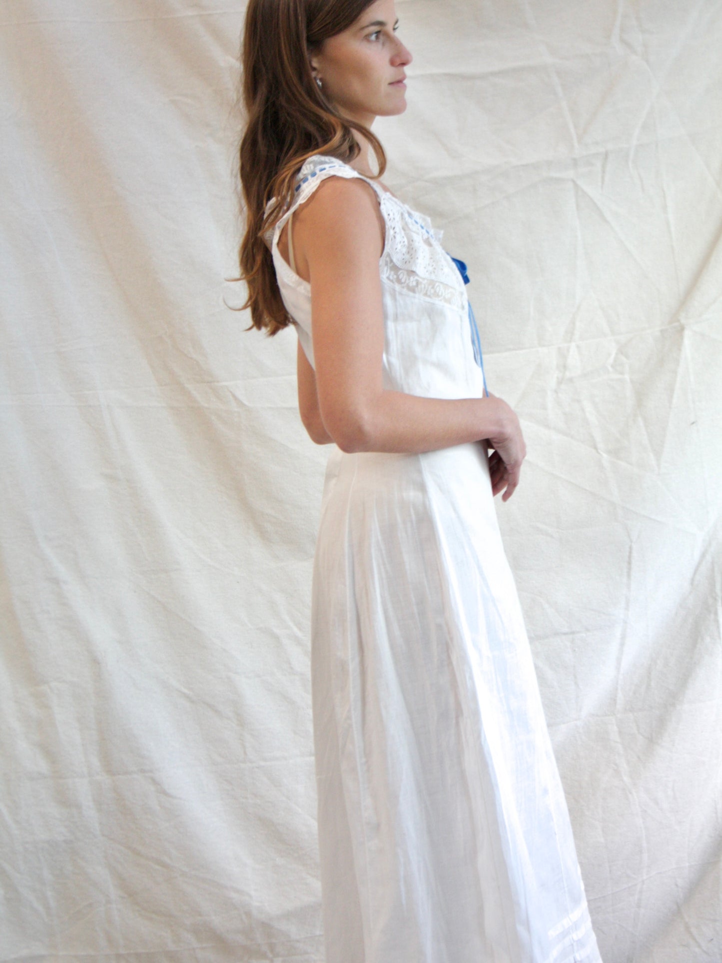 Antique Edwardian Cotton & Lace Ribbon Princess Slip Dress