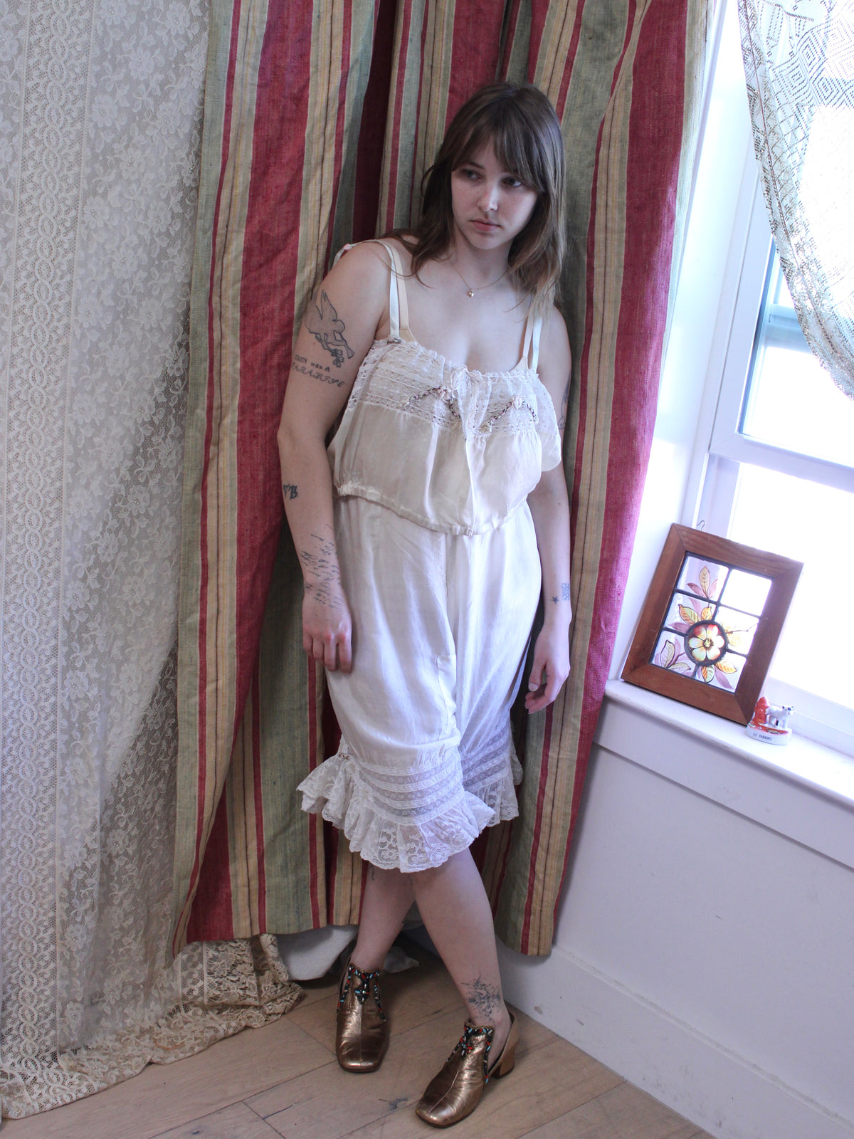 Edwardian 2PC Silk Lace Ribbon-work Bloomer/Corset Cover Set