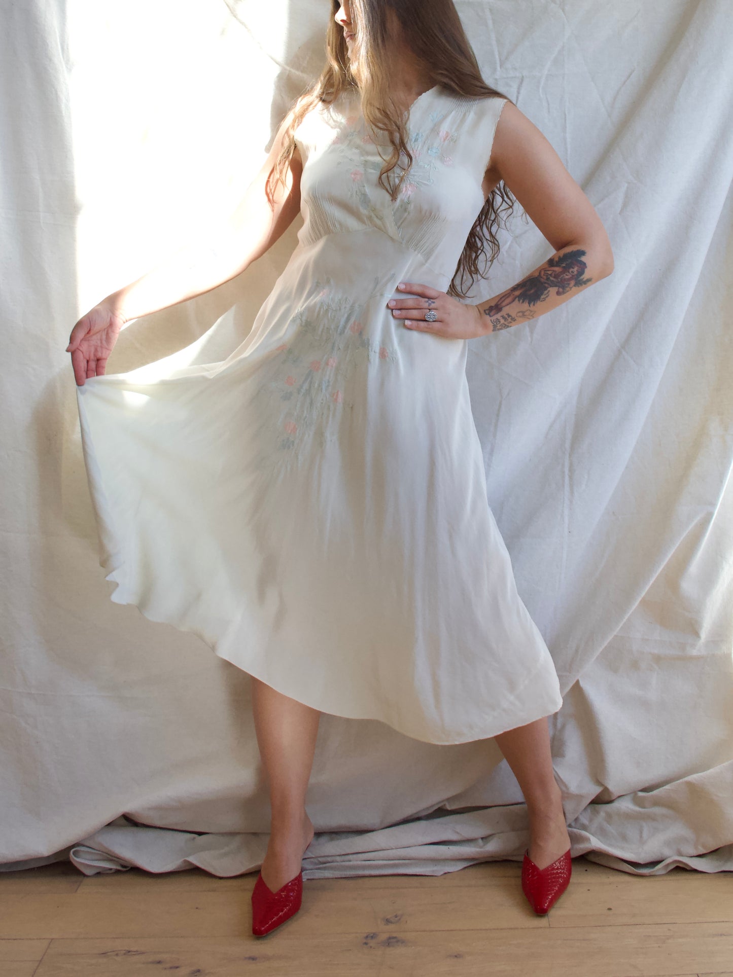 1930s Pale Seafoam Silk Floral Appliqué Slip Dress