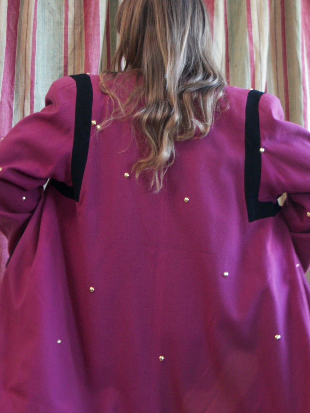 1940s Color Block Strong Shoulder Studded Swing Coat