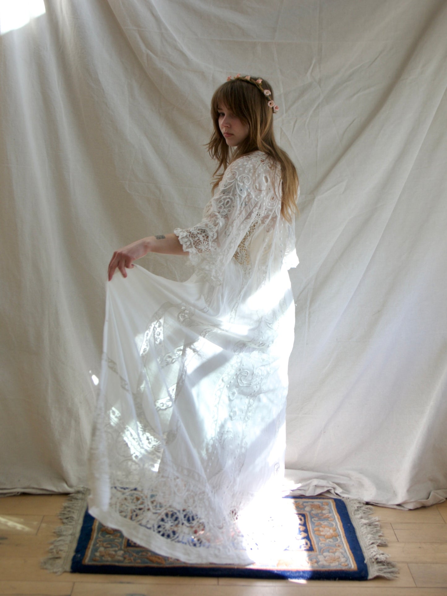Special Antique Edwardian Whitework Batiste Cotton Crochet Lace Troussea Gown