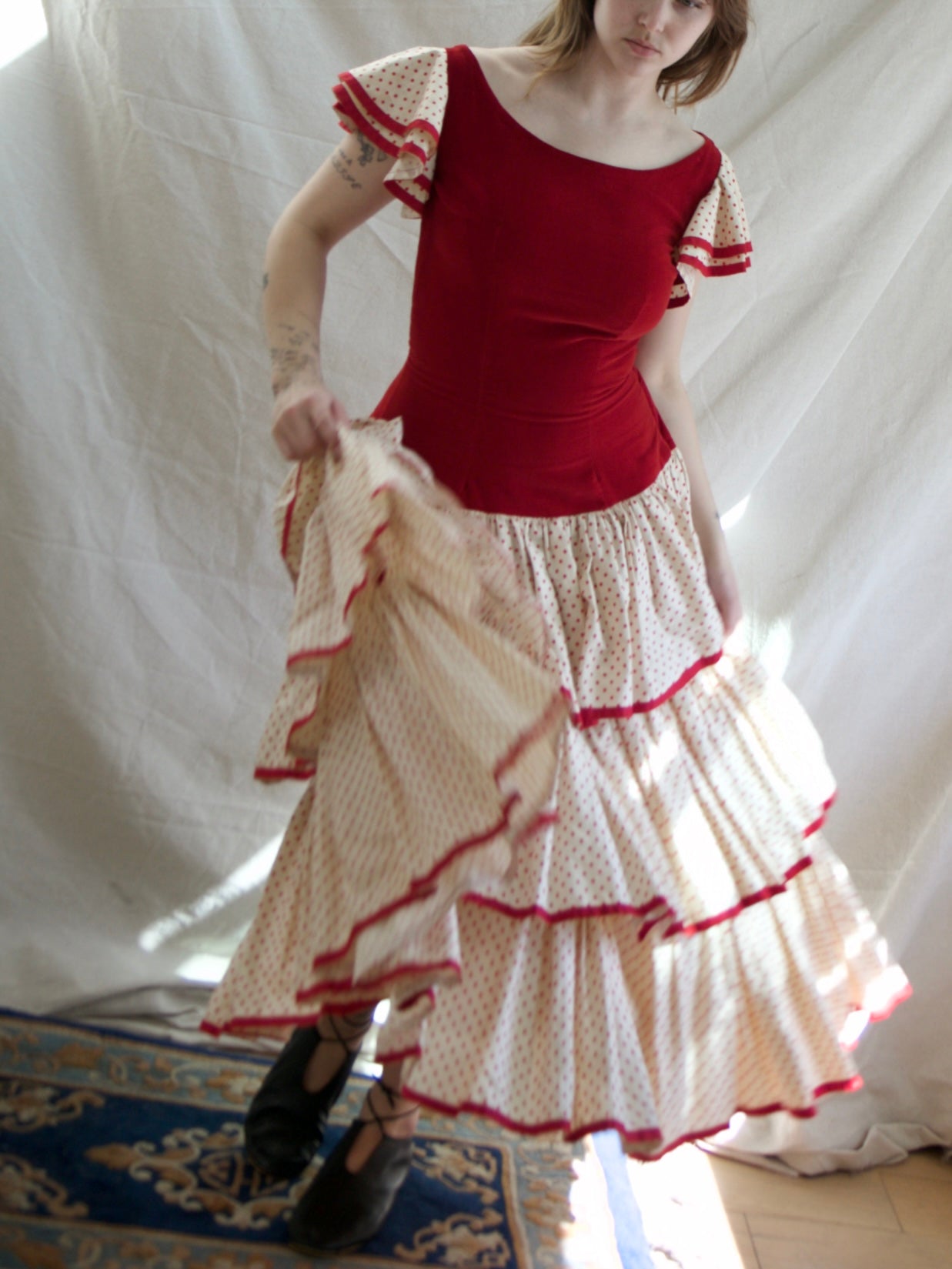 1930s Flamenco Velveteen Polka Dot Ruffle Dress