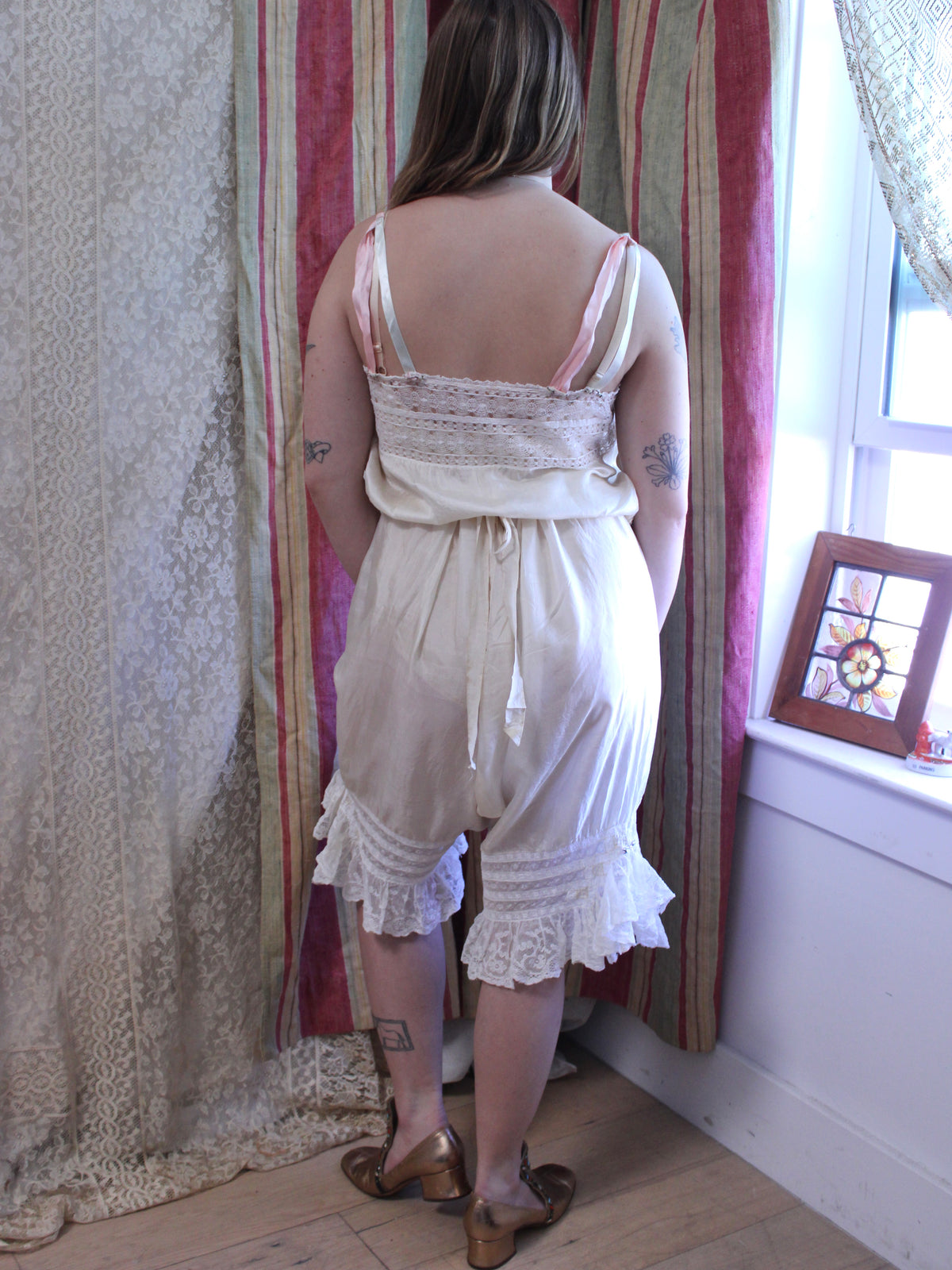 Edwardian 2PC Silk Lace Ribbon-work Bloomer/Corset Cover Set