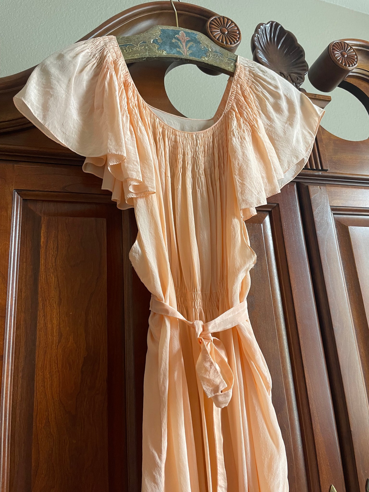 1930s Peach Silk Capelet Smocked Tie Waist Slip Dress