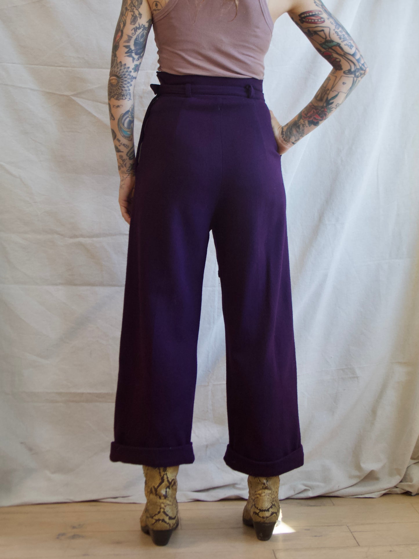 1940s Deep Plum Wool Flannel Side Button Belted Wide Leg Pants