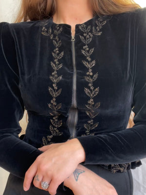 1940s Puff Sleeve Bouillon Embroidered Velveteen Zip Front Blouse