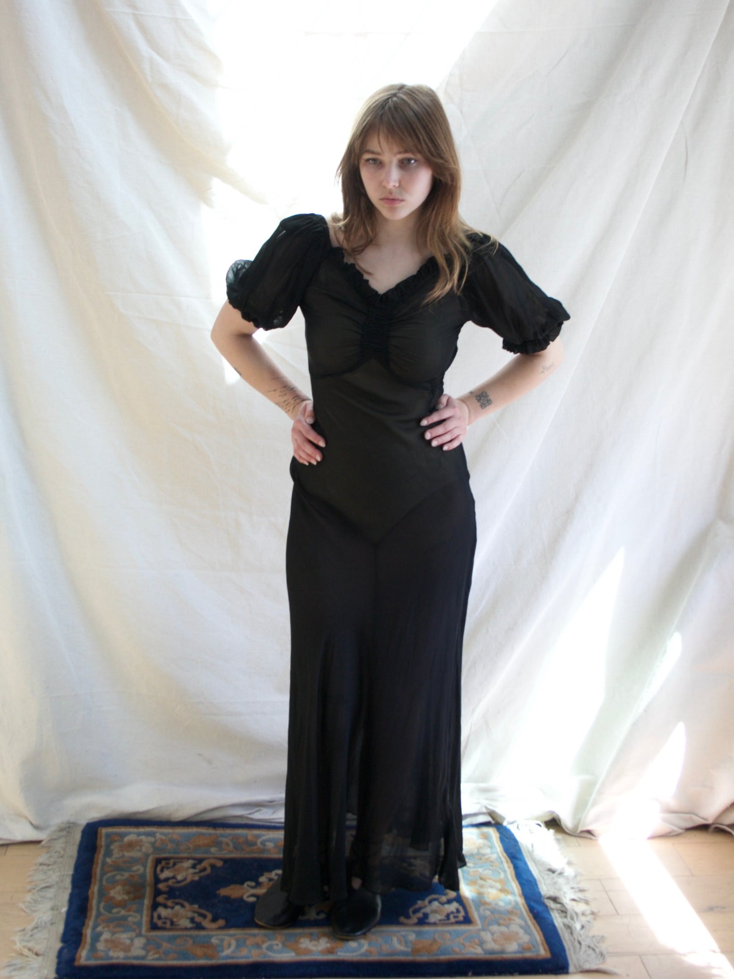 1930s Vampy Chiffon Bias Cut Puff Sleeve Dress