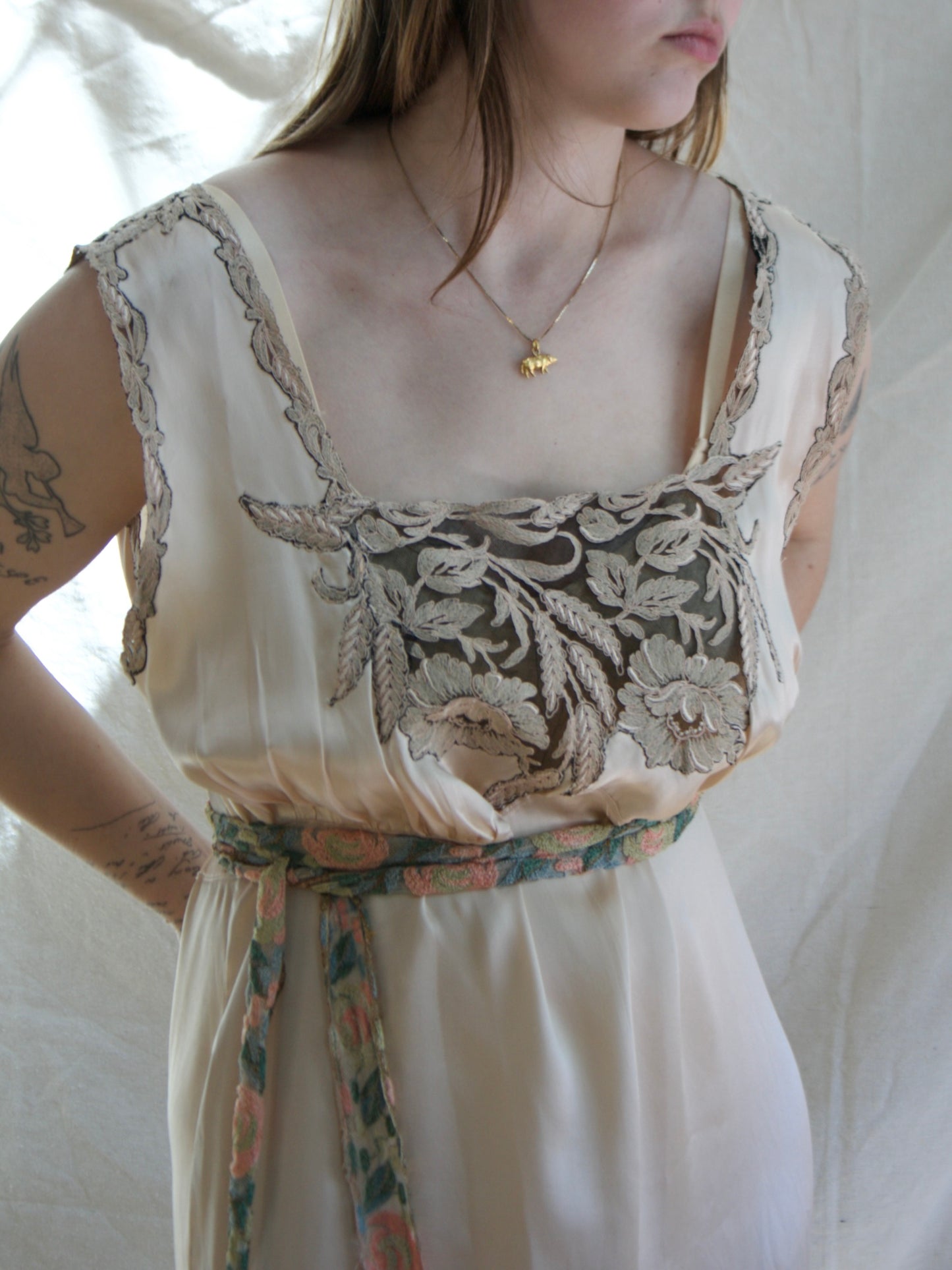 1930s Champagne Silk Inset Lace Low Back Slip Dress