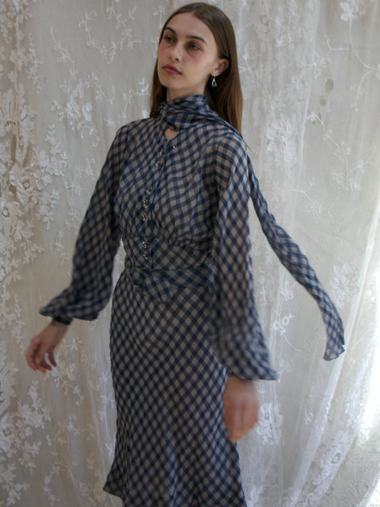 1930s Windowpane Balloon Sleeve Crepe Chiffon Tie Neck Dress
