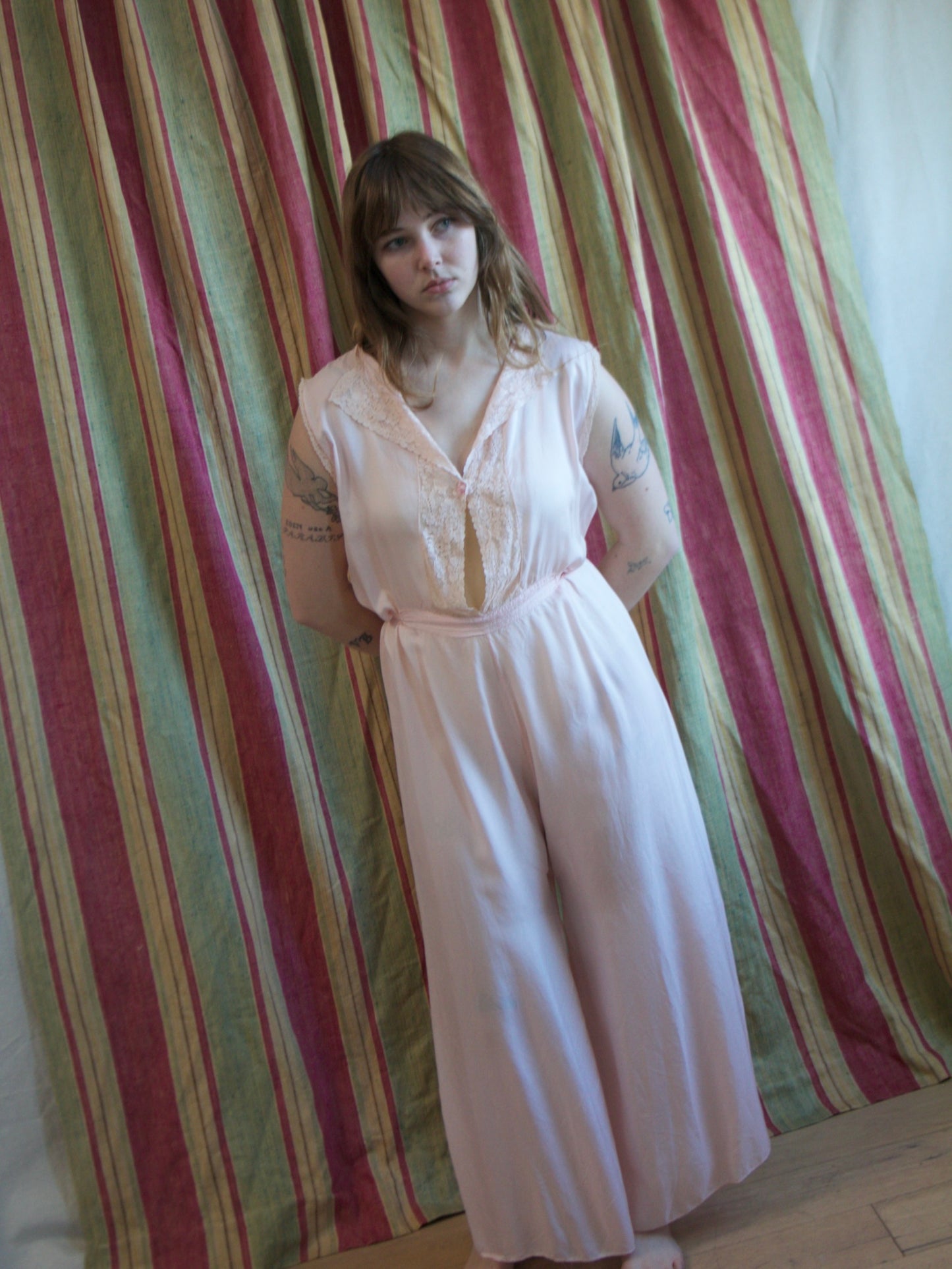 1930s Petal Pink Lace Trim Keyhole Boudoir Jumpsuit