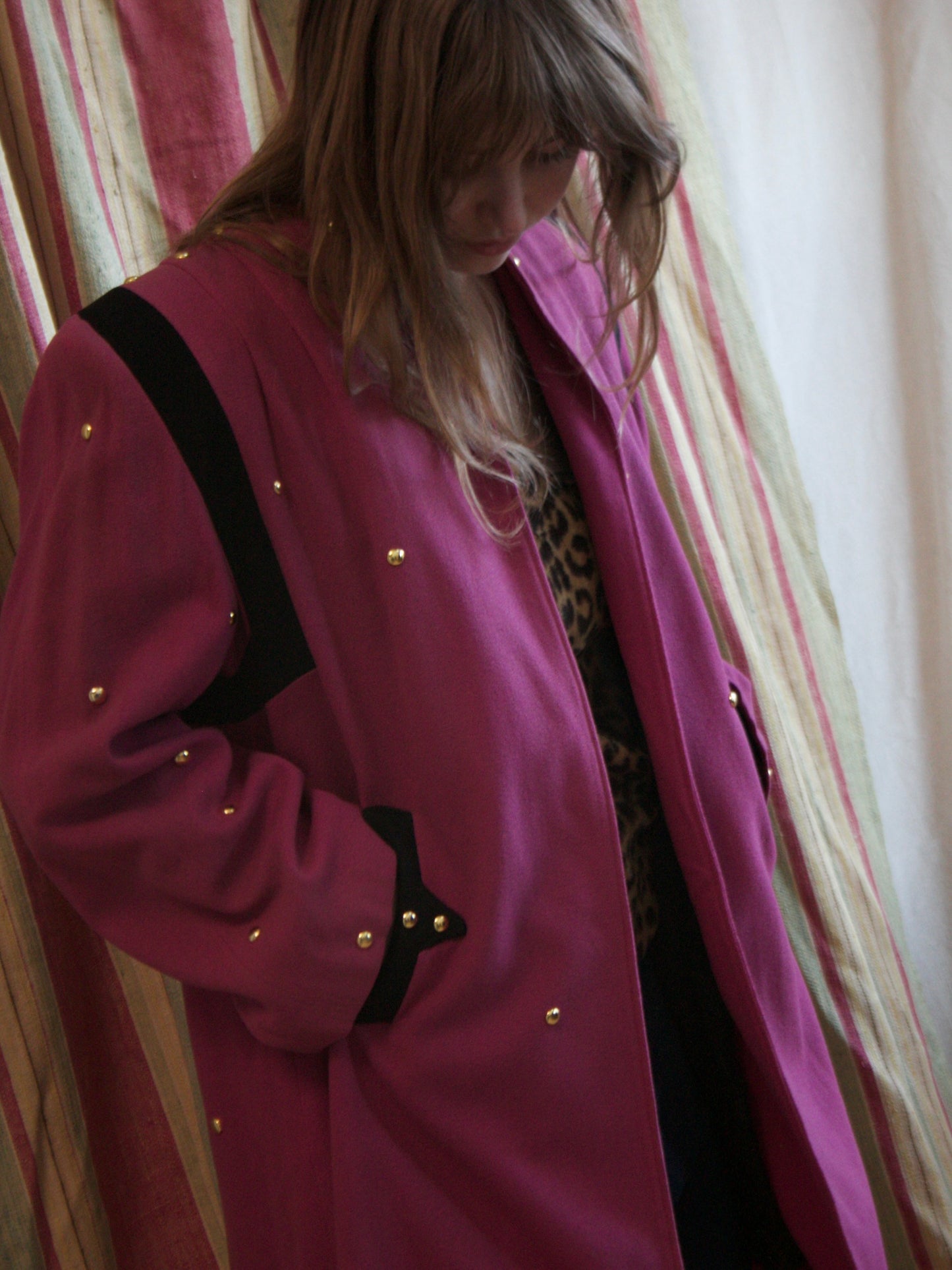 1940s Color Block Strong Shoulder Studded Swing Coat