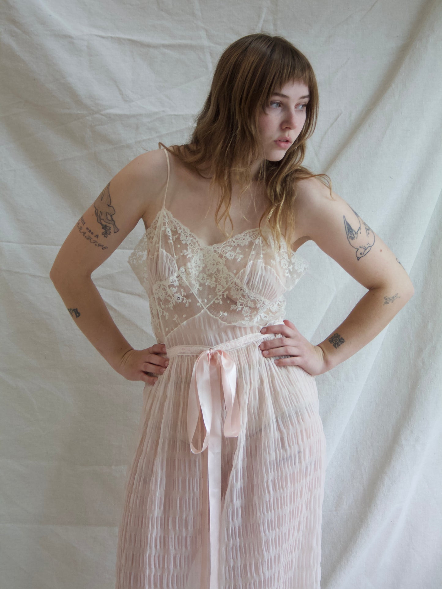 1940s I.Magnin Pale Pink Nylon & Lace Silk Satin Slip Dress