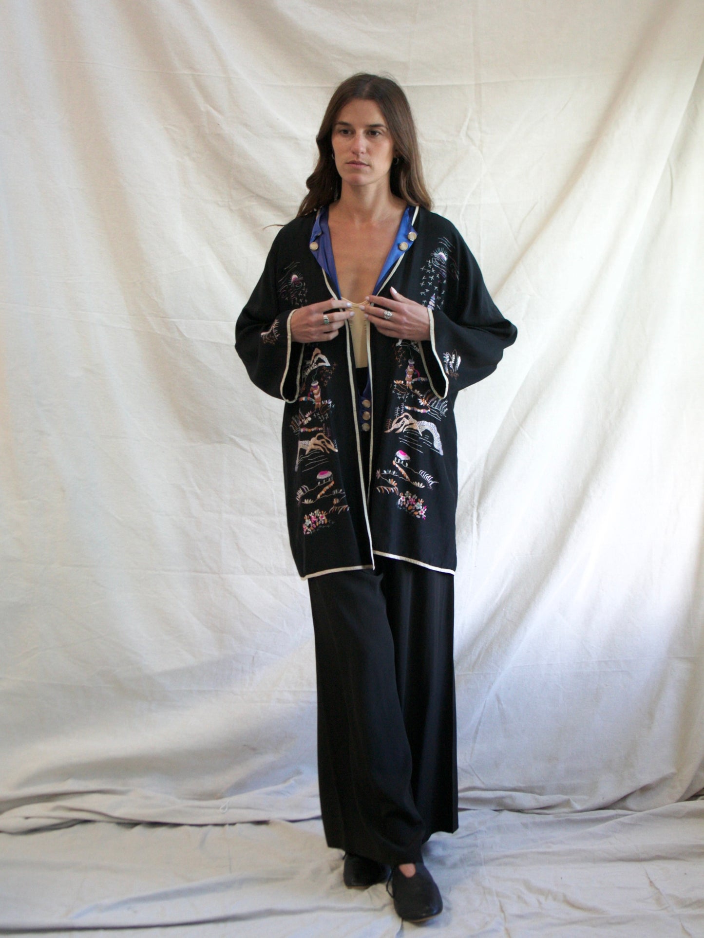 1930s Embroidered Asian Silk Bell Sleeve Robe