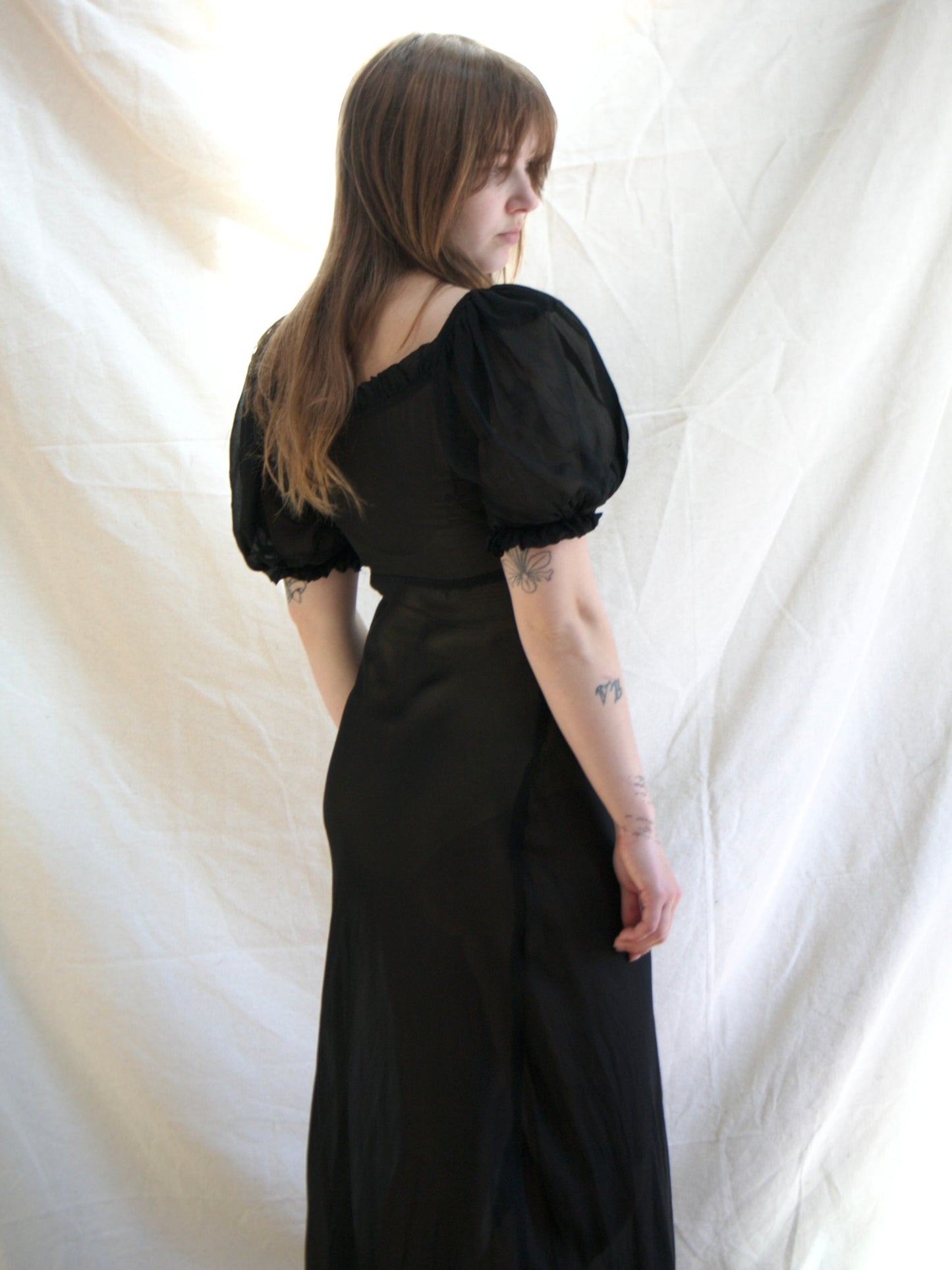 1930s Vampy Chiffon Bias Cut Puff Sleeve Dress