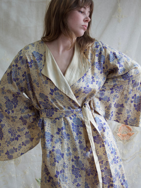 Antique 1920s Reversible Flutter Sleeve Floral Pongee Silk Robe