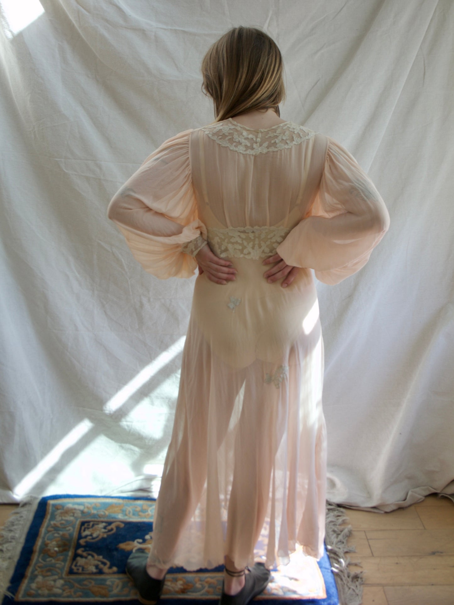 Special 1930s Hand Stitched Bishop Sleeve Chiffon Appliqué Bias Cut Gown