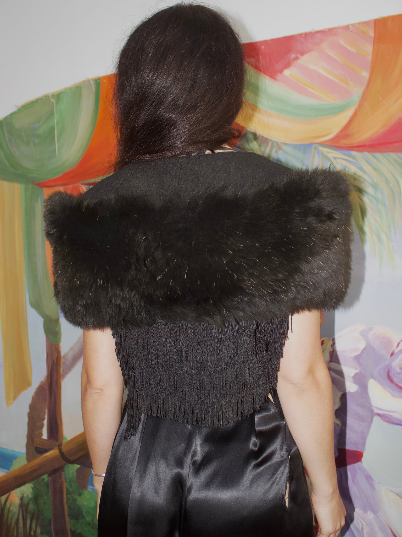 1940s Fur and Wool Strong Shoulder Tie Front Stole