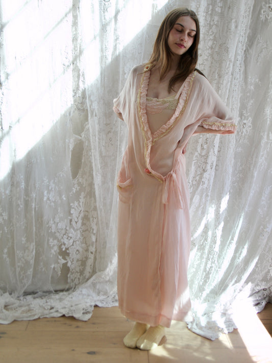 Antique 1920s Pale Blush Silk Ribbon-work Floral Drop Waist Lingerie Robe