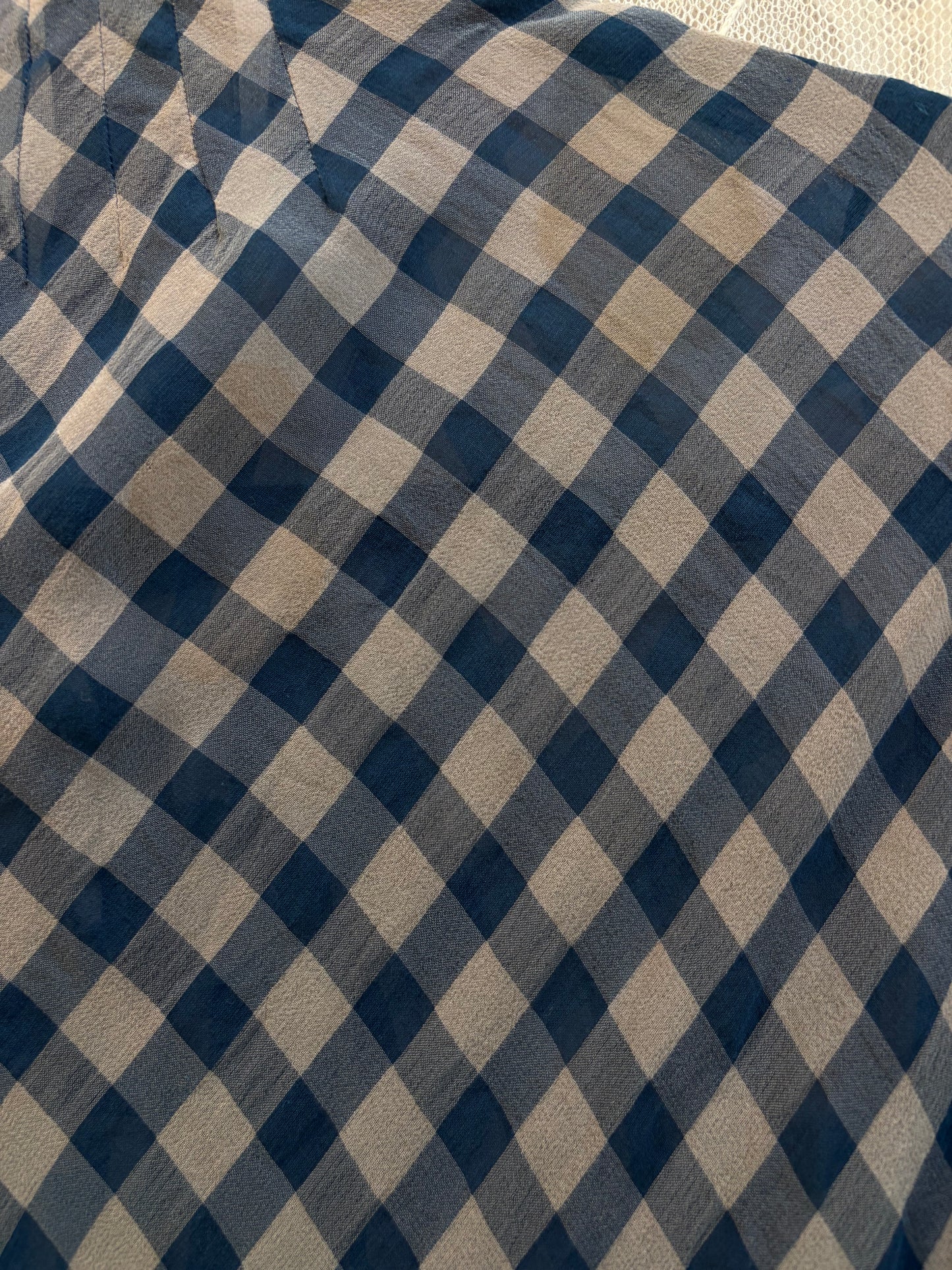 1930s Windowpane Balloon Sleeve Crepe Chiffon Tie Neck Dress