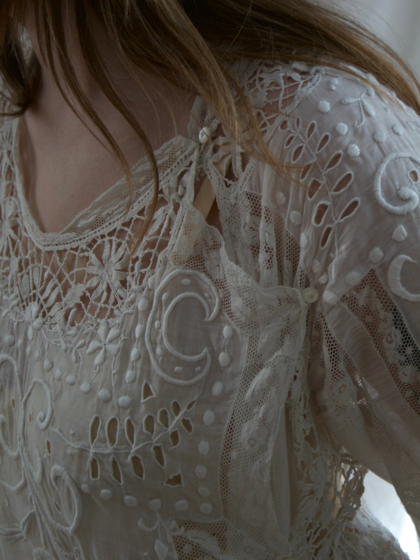 Special Antique Edwardian Whitework Batiste Cotton Crochet Lace Troussea Gown