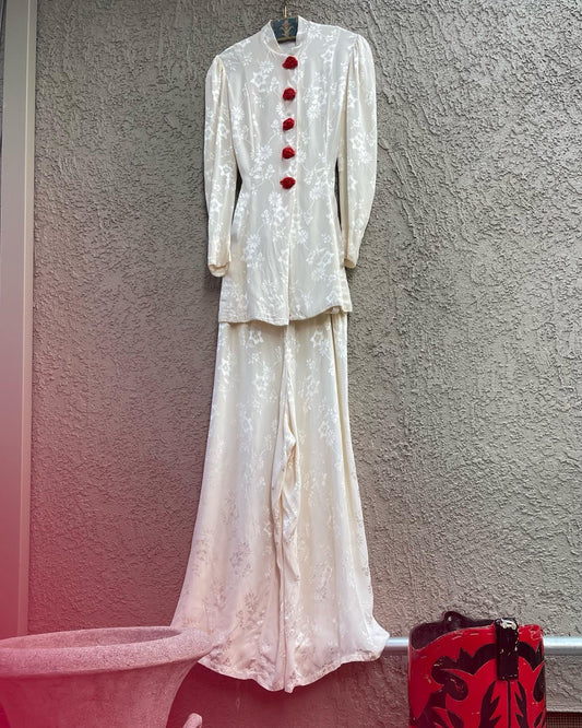 1940s Holiday Silk Brocade Hostess Pajamas