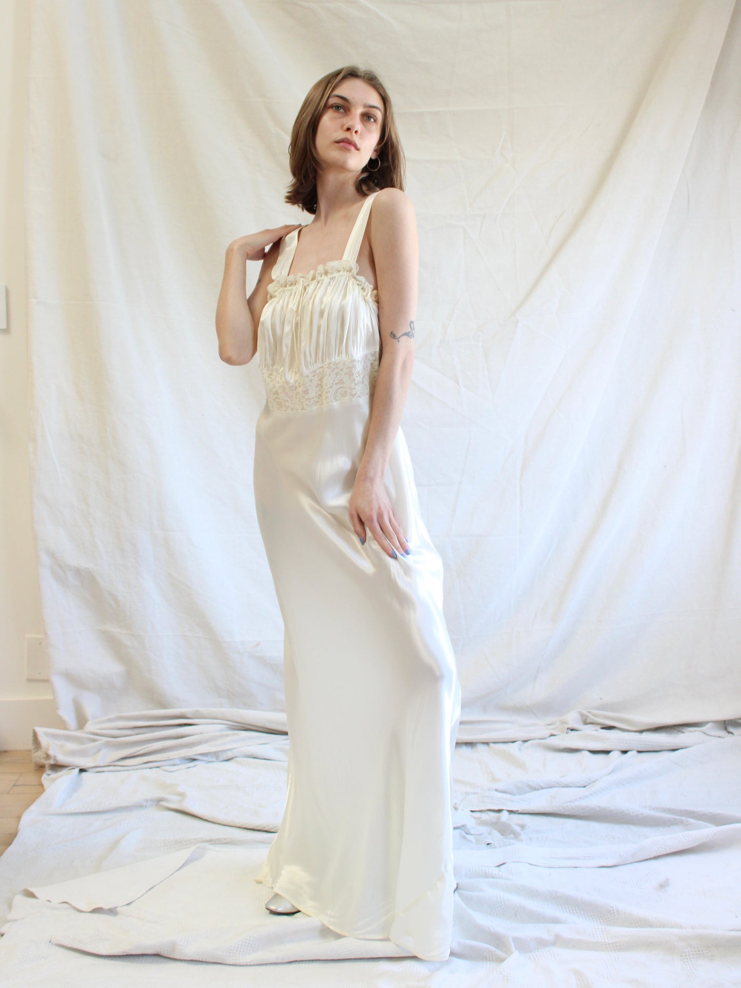1940s Lace & Ivory Liquid Satin Ruffle Trim Bias Cut Slip Dres