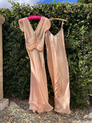 1940s I. Magnin Ballet Pink Shirred Silk Chiffon Dress