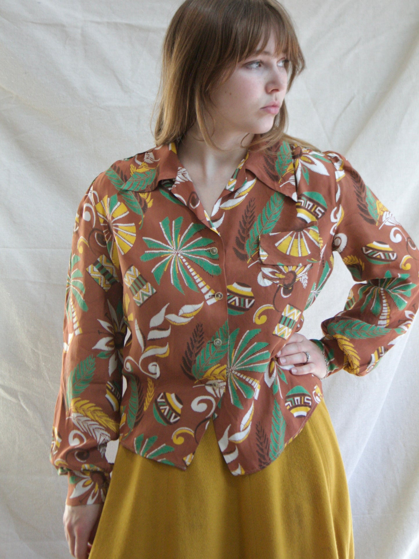 1940s Terracotta Hawaiian Silk Blend Bishop Sleeve Blouse