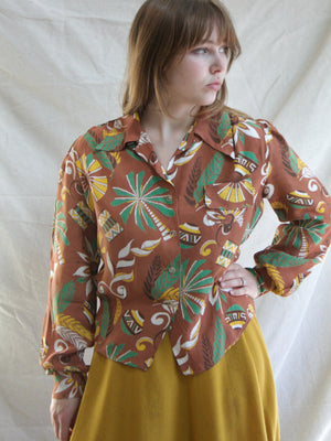 1940s Terracotta Hawaiian Silk Blend Bishop Sleeve Blouse