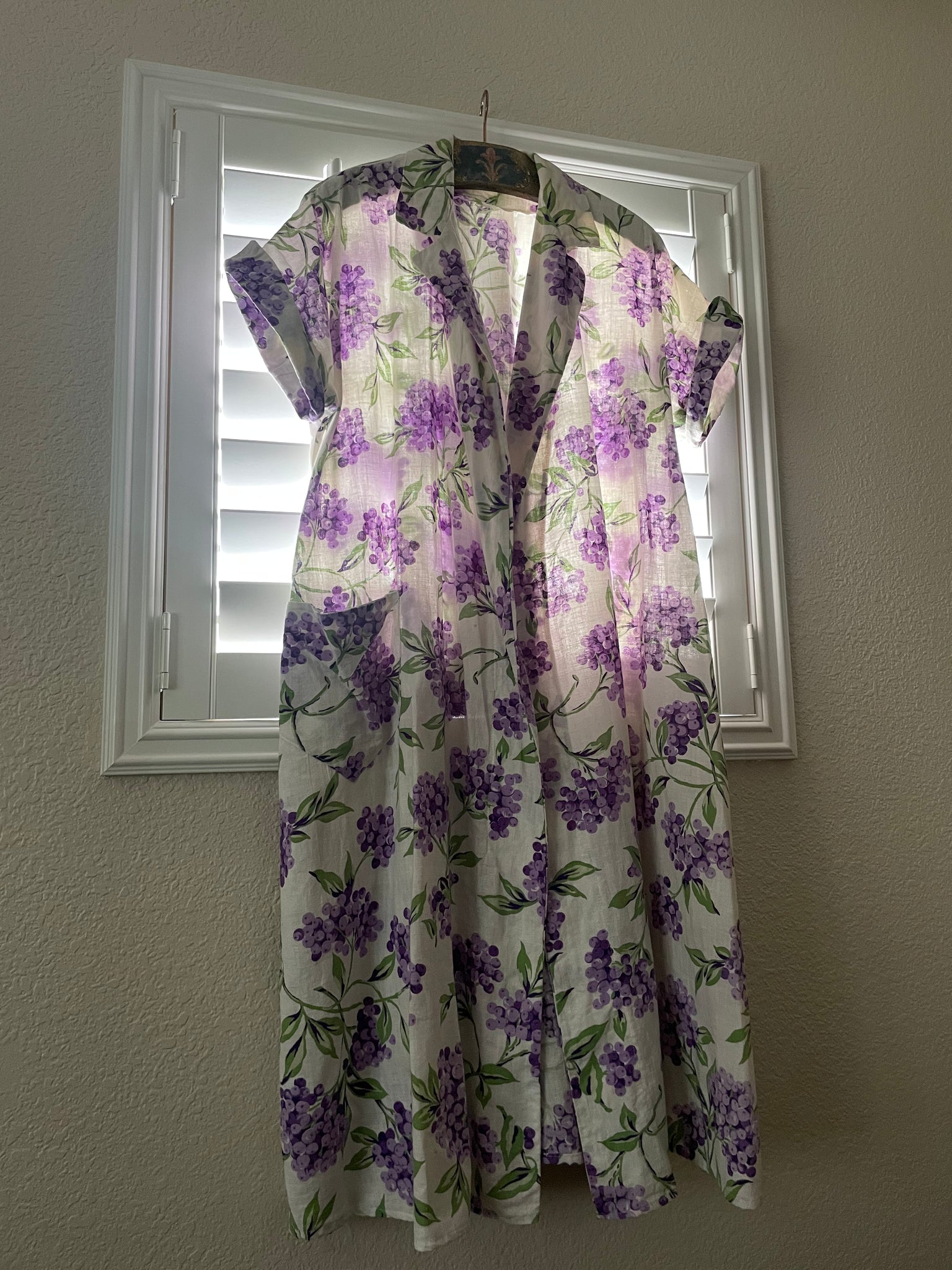 RESERVED 1930s Grape Printed Linen Open Front Duster