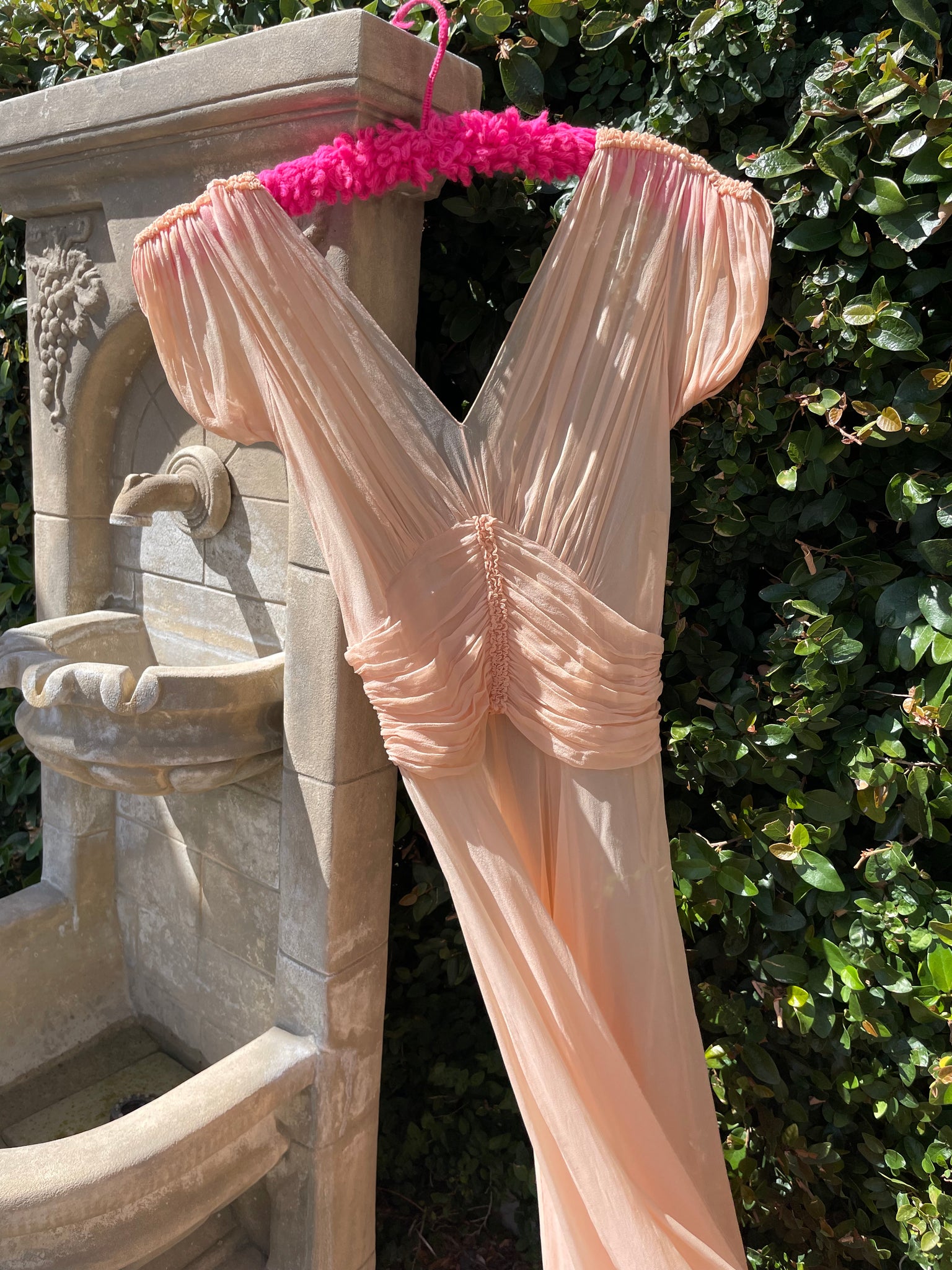 1940s I. Magnin Ballet Pink Shirred Silk Chiffon Dress
