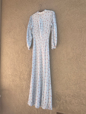 1940s Robbins Egg Blue Rayon Floral Long Sleeve Bias Cut Dress
