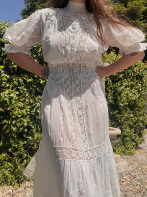 Early 1900s Fine Cotton & Lace High Neck Wedding Dress