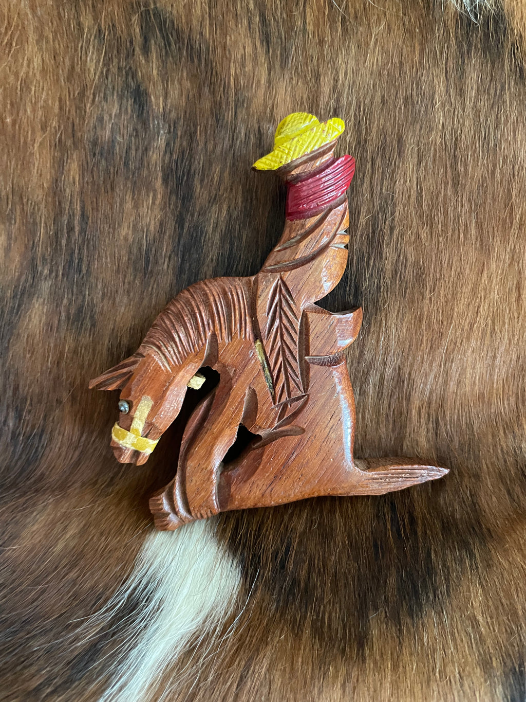 Huge 1940s Bucking Bronco Cowboy Carved Wood Pin