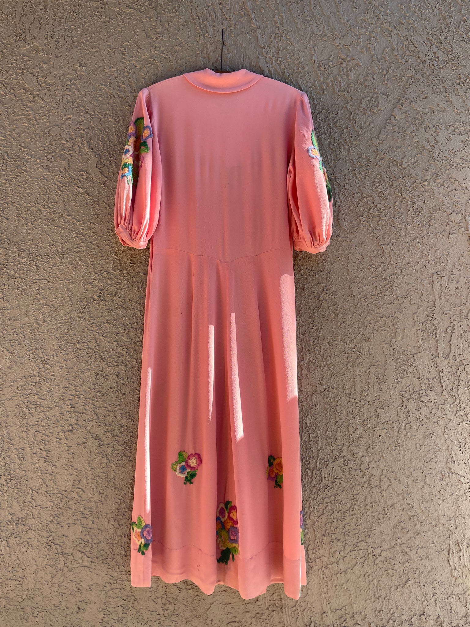 1930s Bubble Gum Pink Wool Embroidered Flower Basket Rayon Crepe Balloon Sleeve Dress
