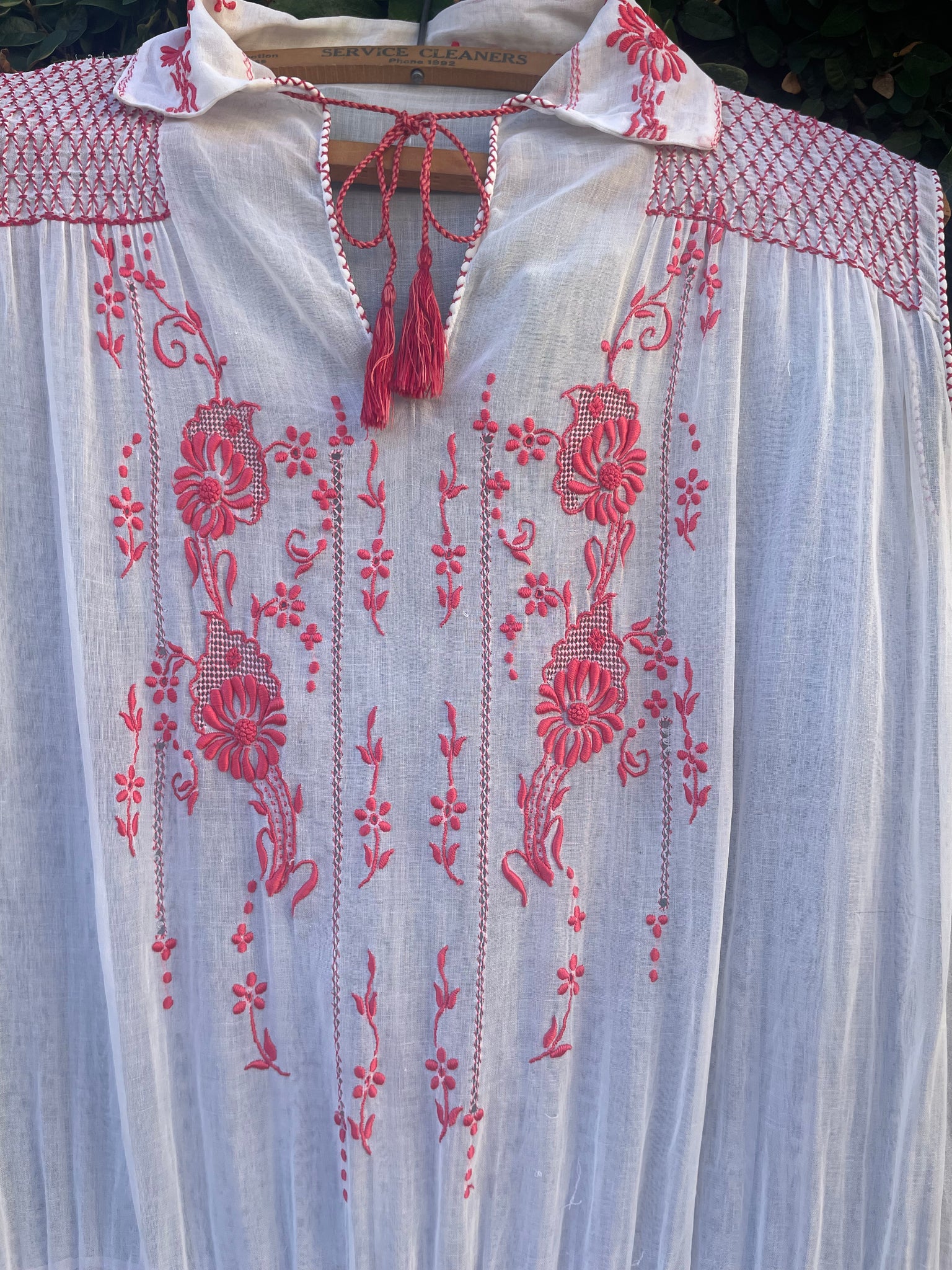1920s Hand Smocked Embroidered Hungarian Tie Neck Peasant Dress