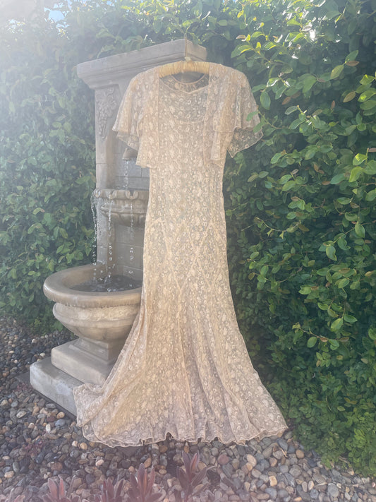 1930s Three Piece Ecru Tambour Lace Flutter Sleeve Gown