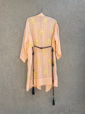 1940s Rayon Crepe Creamsicle Embroidered Kimono Style Tie Waist Robe