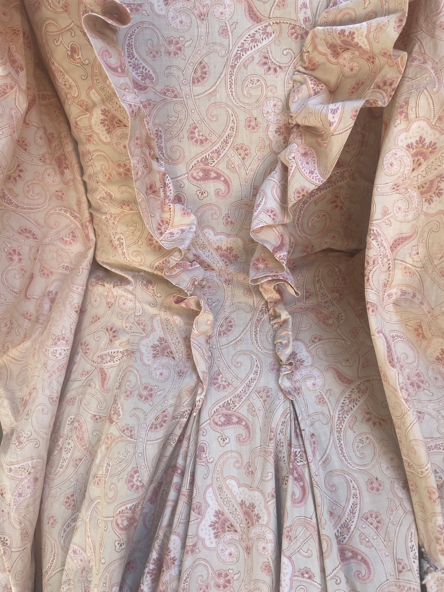 Late 19th C Pink Paisley Calico Gigot Sleeve-Ruched Front Dress