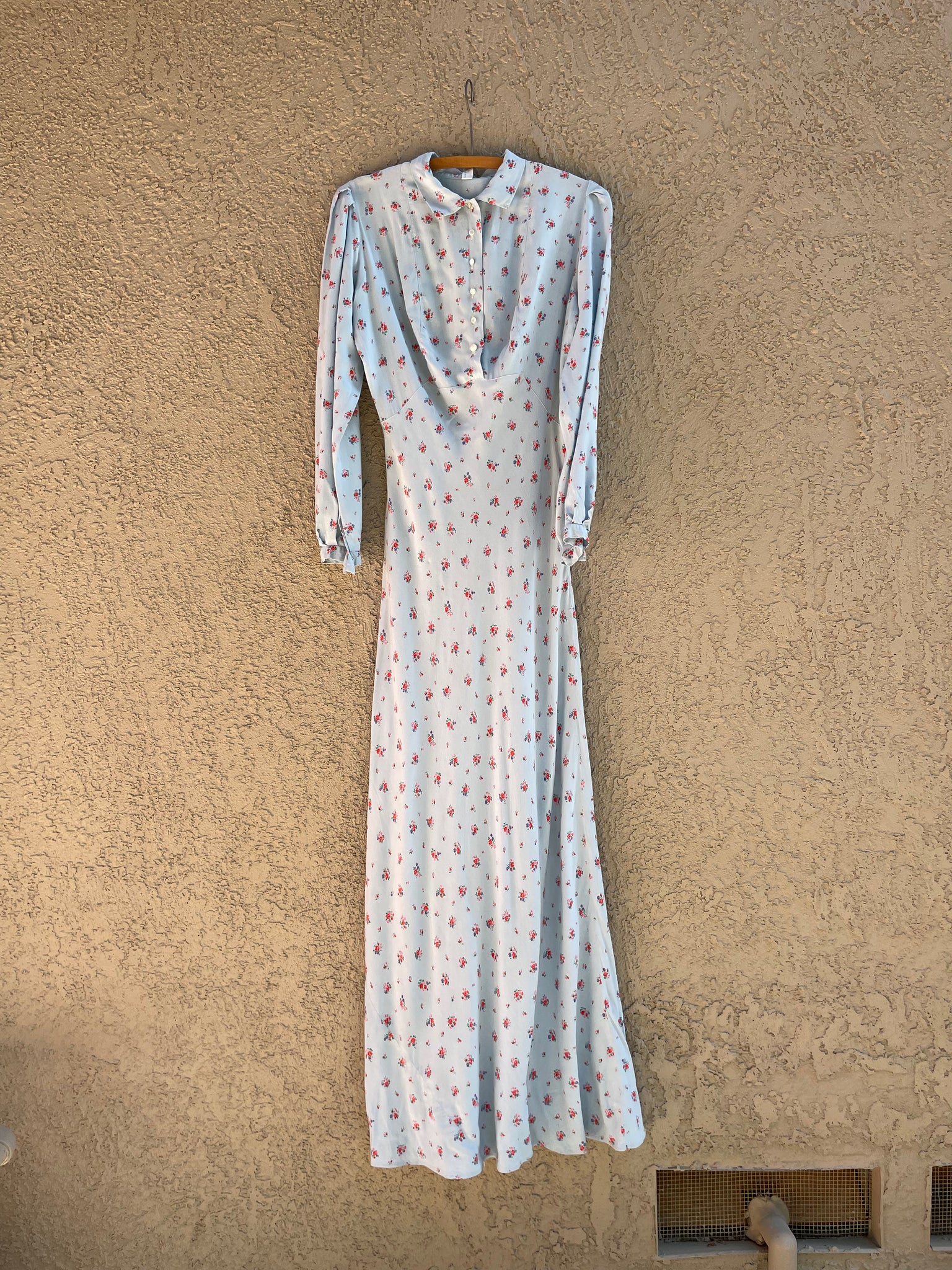 1940s Robbins Egg Blue Rayon Floral Long Sleeve Bias Cut Dress