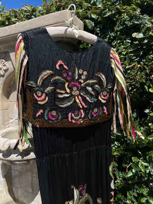 RARE 1920s Art Nouveau Hand Beaded Rainbow Silk Ribbon Sleeved Dress