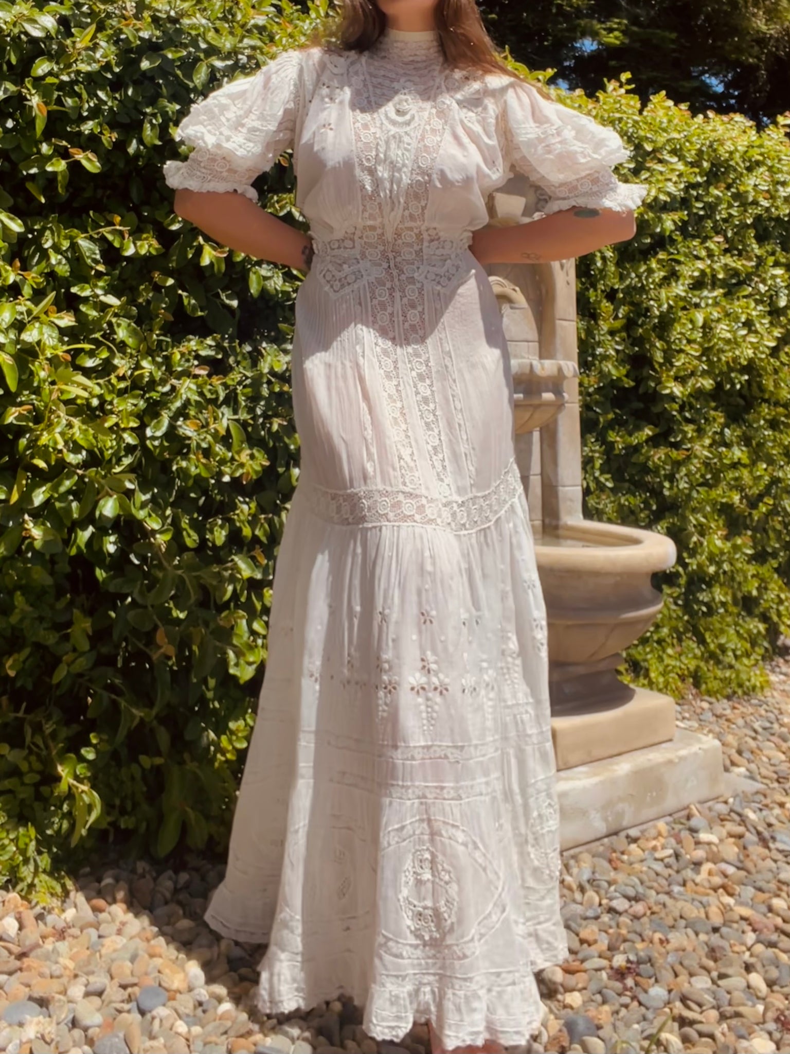 Early 1900s Fine Cotton & Lace High Neck Wedding Dress