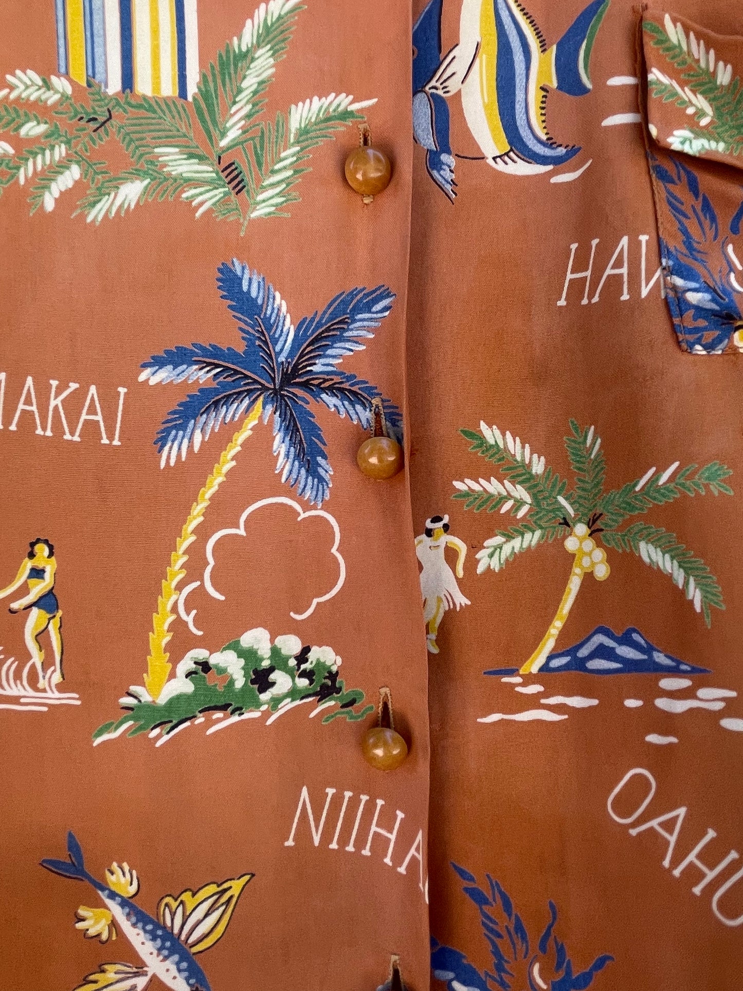 Rare Hawaiian Islands Cold Rayon Puff Sleeve Loop Collar Blouse