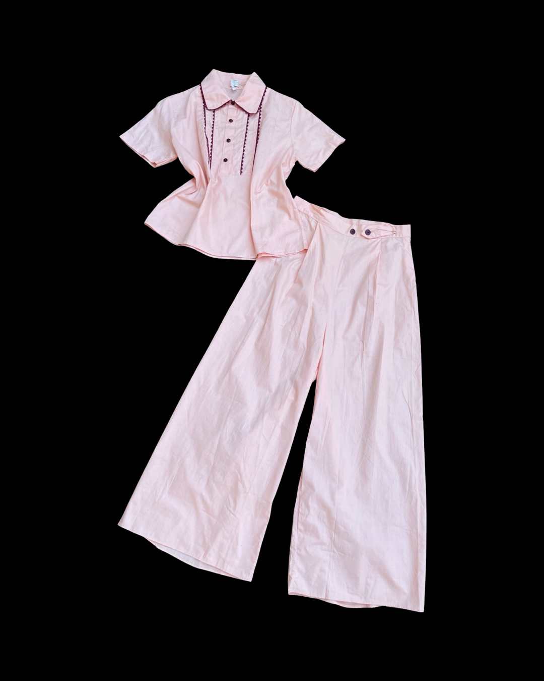 1940s Deadstock* Pastel Peach Crisp Cotton Side Button Two Piece Pant Suit